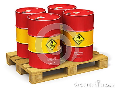 Group of red oil drums on shipping pallet isolated on white Cartoon Illustration