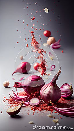 Group of Red Shallot Vegetable Creatively Falling-Dripping Flying or Splashing on Black Background Generative AI Stock Photo