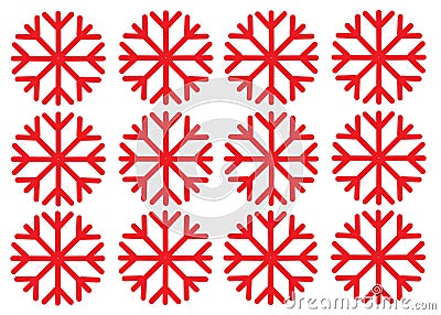 A group of red simple snowflake outline graphics pattern white backdrop Cartoon Illustration