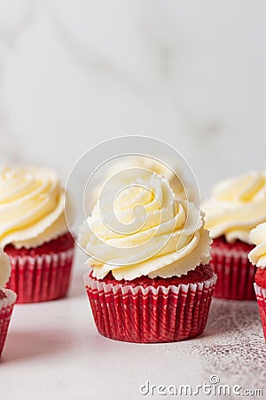 Group of red velvet cupcakes on white background Stock Photo