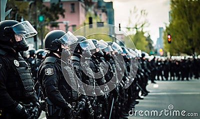 Group riot police with protective gear and shields standing on the streets by protest. Stock Photo