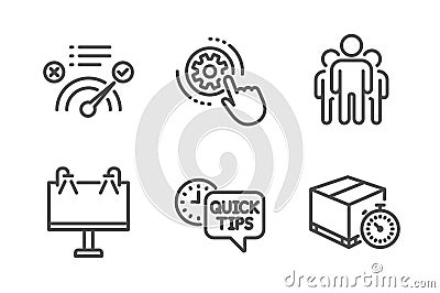 Group, Road banner and Correct answer icons set. Cogwheel settings, Quick tips and Delivery timer signs. Vector Vector Illustration