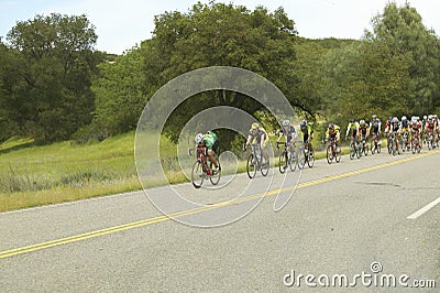 A group of road bicyclists traveling across highway 58 in CA Editorial Stock Photo