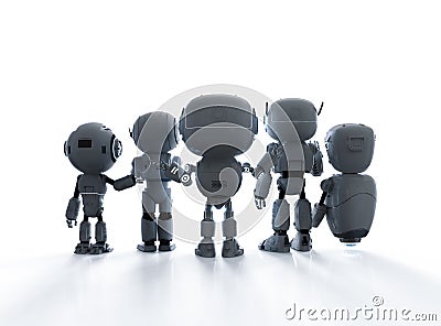 Group of robotic assistants or artificial intelligence robots Stock Photo