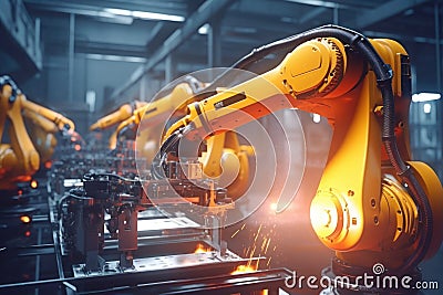 Group of robots working on a machine, suitable for technology concepts Stock Photo