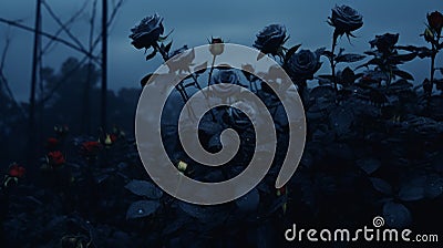 Dark Field With Roses: A Cinematic Rendering Of Atmospheric Blues Stock Photo