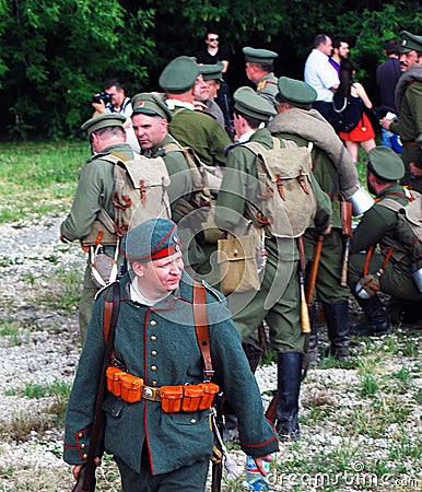 A group of Russian soldiers-reenactors. Editorial Stock Photo