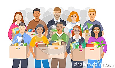 Group of sad unemployed fired people with stuff Vector Illustration