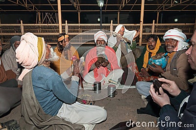 Group of Sadhus play in local musical instruments in Orchha Editorial Stock Photo