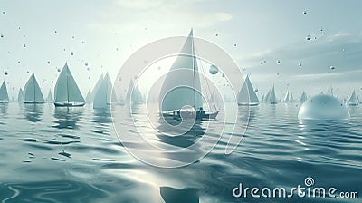 a group of sailboats floating on top of a body of water next to an iceberg in the ocean with bubbles floating on the water Stock Photo