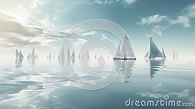 a group of sailboats floating on top of a body of water under a cloudy blue sky with white clouds and a few smaller sailboats in Stock Photo