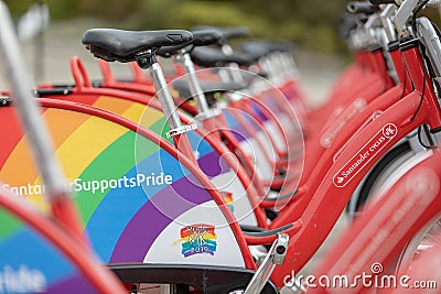 Santander cycles show support to the LGBT Pride MK Event in Milton Keynes Editorial Stock Photo