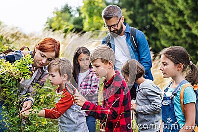 Group of school children with teacher on field trip in nature, learning science. Stock Photo