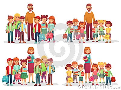 Group of school kids and teacher isolated Vector Illustration