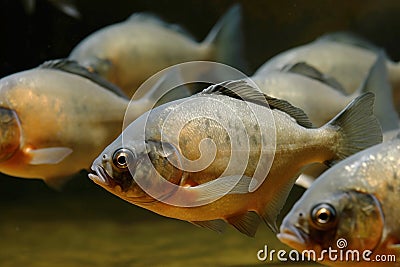 A group of a school of predatory tropical piranha fish. Freshwater exotic fauna of the Amazon. AI generated. Stock Photo