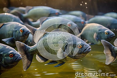 A group of a school of predatory tropical piranha fish. Freshwater exotic fauna of the Amazon. AI generated. Stock Photo