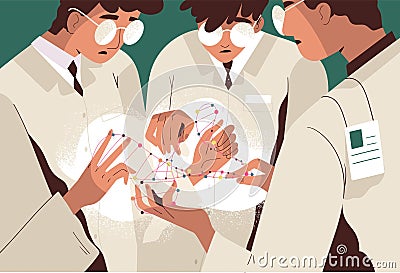 Group of scientists or researchers in lab coats holding DNA molecule and analyzing it. Scientific research in genetic Vector Illustration