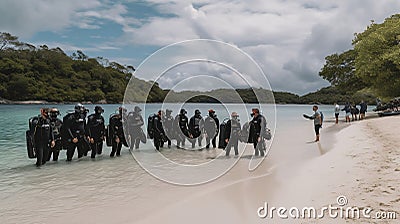 Group of scuba divers ready for diving Stock Photo