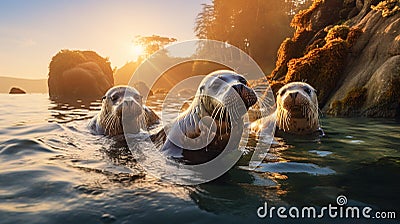 A group of seals lounging on a rocky shore, basking in the sun. Stock Photo