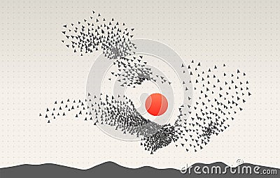 Group of self organized objects. Crowd of people behaviour. Flocking boids simulation. Artificial life model. Vector Illustration