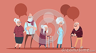 Group Of Senior People With Chat Bubble Walking With Stick Modern Grandfather And Grandmother Full Length Vector Illustration