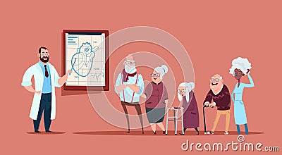 Group Of Senior People On Consultation With Doctor, Pensioners In Hospital Health Care Concept Vector Illustration