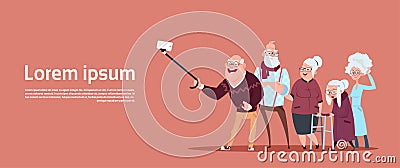 Group Of Senior People Taking Selfie Photo With Self Stick Modern Grandfather And Grandmother Vector Illustration