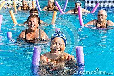 Group of senior women at aqua gym session. Stock Photo