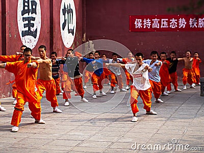 The group of Shaolin Children Monk was Training kungfu inside the Original Shaolin Temple. Dengfeng City, Zhengzhou City, Henan Editorial Stock Photo