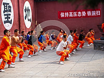 The group of Shaolin Children Monk was Training kungfu inside the Original Shaolin Temple. Dengfeng City, Zhengzhou City, Henan Editorial Stock Photo