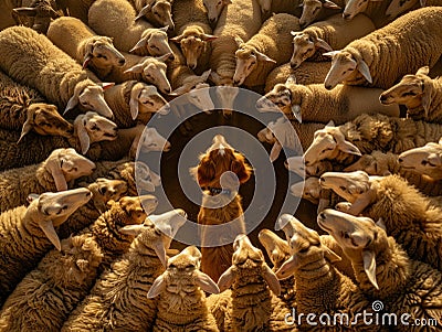 group of sheep closely clustered together, standing under the watchful eye of a herding dog, displaying unity and Stock Photo