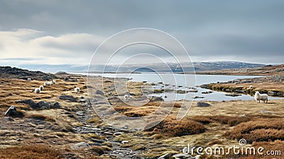 Whimsical Wilderness Sheep Walking Along The Arctic Beachside Stock Photo