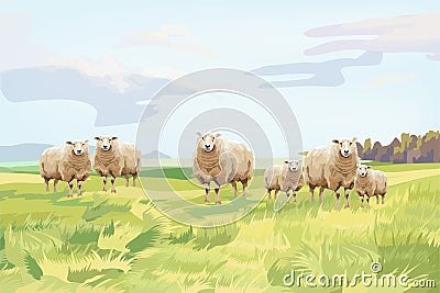 The group of sheep in the wide grass view Stock Photo
