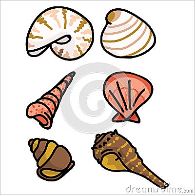 Cute group of shell fish cartoon illustration motif set. Hand drawn isolated marine life elements. Clipart for ocean text Cartoon Illustration