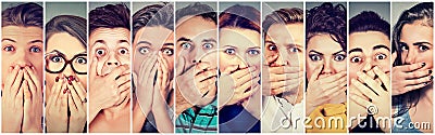 Group of shocked people covering their mouth with hands Stock Photo