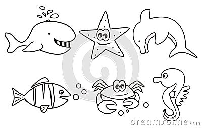 Group of six animals, marine life, black and white, eps. Vector Illustration