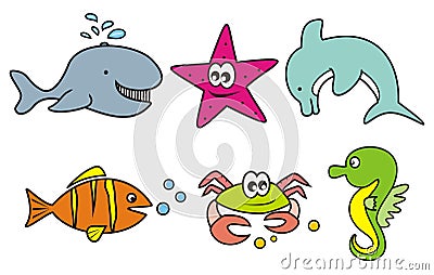 Group of six animals, marine life, color illustration, eps. Vector Illustration