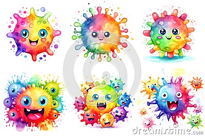 A group of six cartoon germs, viruses with different expressions, watercolor clipart on white background. Stock Photo