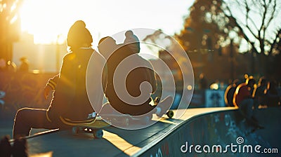 A group of skateboarders sitting on the edge of a ramp taking a break and discussing the latest developments in quantum Stock Photo