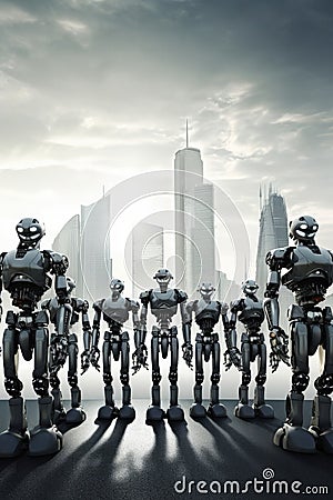 Sophisticated robots stand are arranged in a row, backdrop of a glittering city. Generative AI Stock Photo