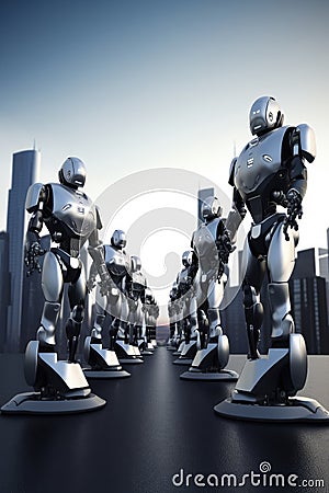 Sophisticated robots stand are arranged in a row, backdrop of a glittering city. Generative AI Stock Photo