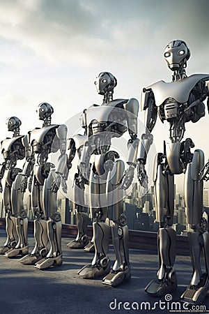 Sophisticated robots stand are arranged in a row, backdrop of a glittering city. Generative AI Stock Photo