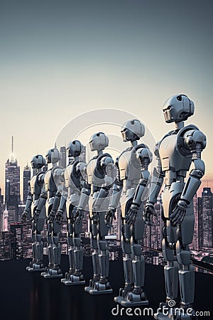 Sophisticated robots stand are arranged in a row, backdrop of a glittering city. Generative AI Stock Photo