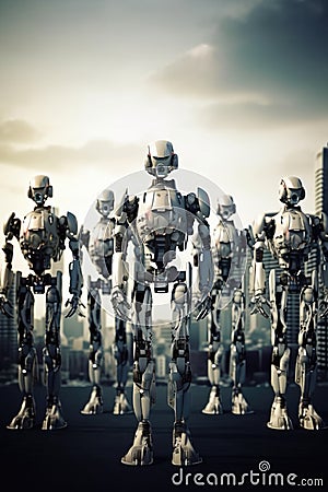 Sophisticated robots stand are arranged in a row, backdrop of a glittering city. Generative AI Stock Photo