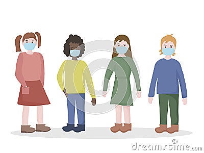 A group of small children, boys and girls wearing medical masks. To protect against viral diseases, environmental and air pollutio Vector Illustration