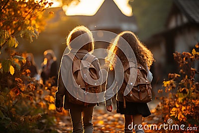 Group of small children going back to school on sunny autumn day. Kids with backpacks on first day of kindergarten. Heading to Stock Photo