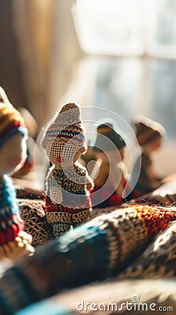 A group of small knitted dolls sitting on a blanket, AI Stock Photo