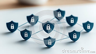 Group of small red shield shaped icons connected by a glowing digital grid, symbolizing cybersecurity frameworks, data encrypti Cartoon Illustration