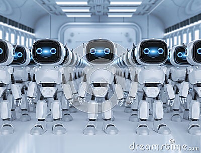 Group of small robot assistant in factory Stock Photo