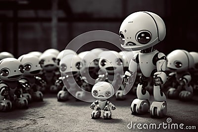 A group of small robots standing next to each other. Generative AI image. Stock Photo